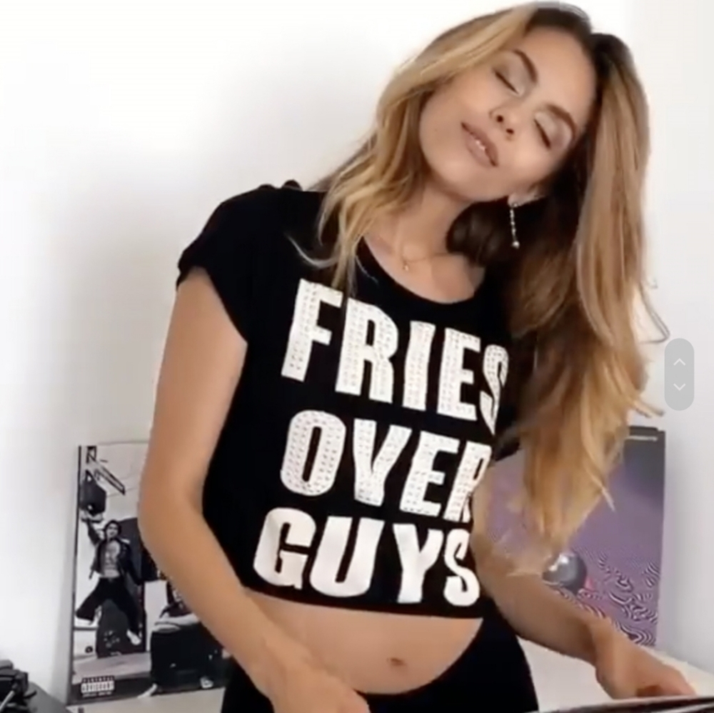 FRIES OVER GUYS Graphic Studs Detail Crop Top - Picture 1 of 5